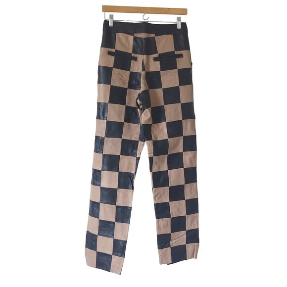 Nasty Gal Checkerboard High Waisted Real Leather Pants Womens 4 Black Brown - Picture 6 of 12